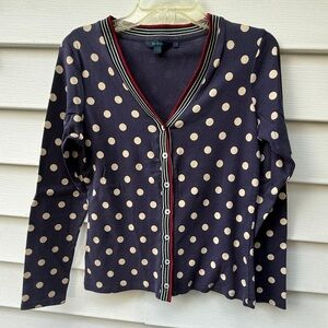 Boden Navy Cardigan with Cream Polka Dots